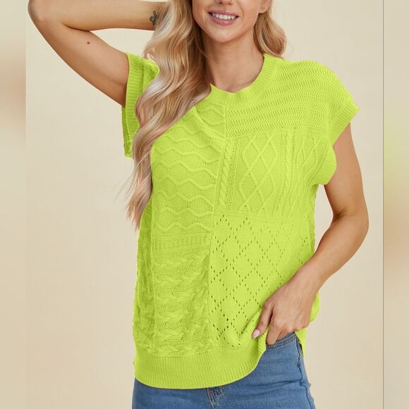 Double Take Full Size Cable-Knit Round Neck Lime Green Knit Women's Top - Picture 5 of 7